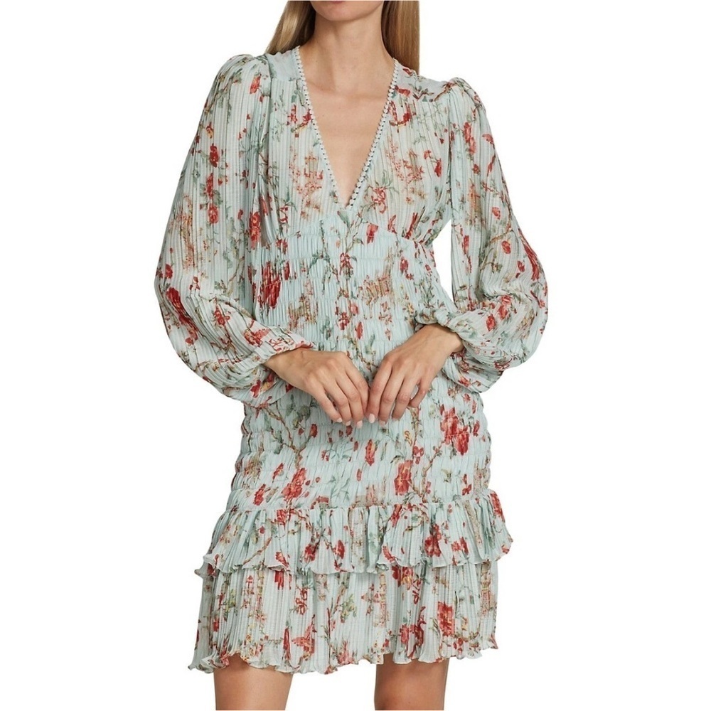 byTiMo Floral-Printed Smocked Plisse Dress Floral V-Neck Pleated Dress size S
